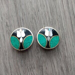 Vintage Mexico Silver Earrings Inlaid Shell Alpaca Clip Ons Mother of Pearl Flow